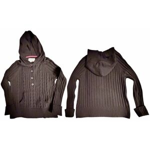 Aeropostale Y2K Babydoll Hooded Henley Cable Knit Sweater Black‎ XL